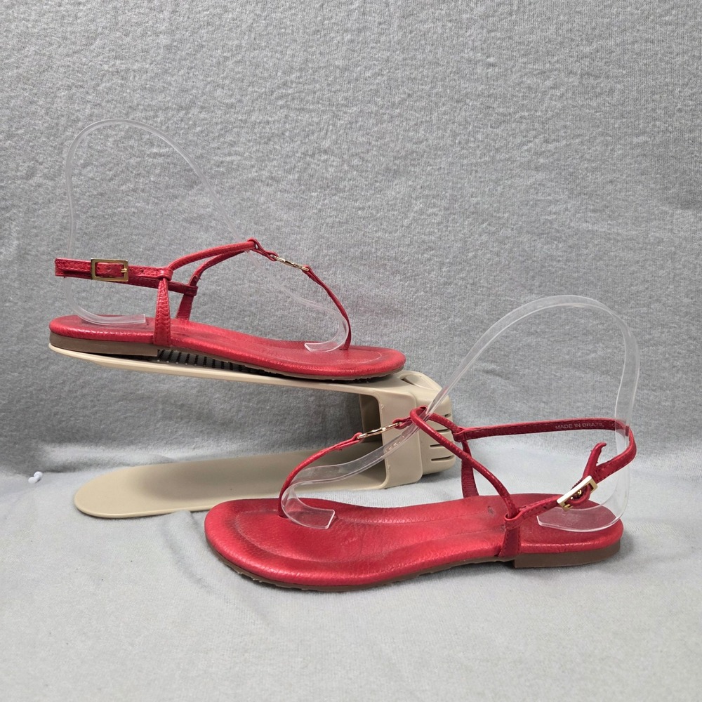 Tory Burch Emmy Red Leather Flat T-Strap Logo Medallion Sandals Womens 5M